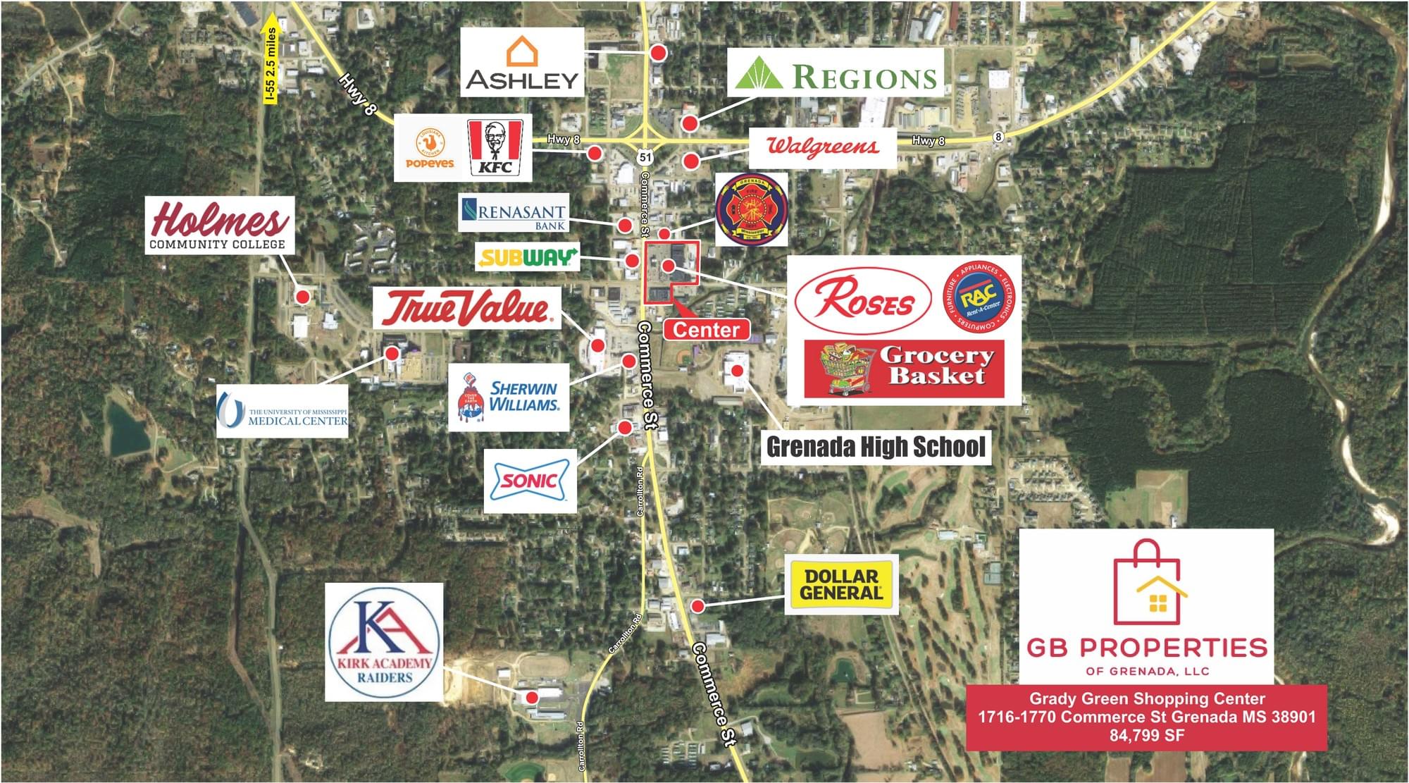 Area map: Grocery Basket Shopping Center, 1716-1770 Commerce St, Grenada MS 38901, 84,799 SF